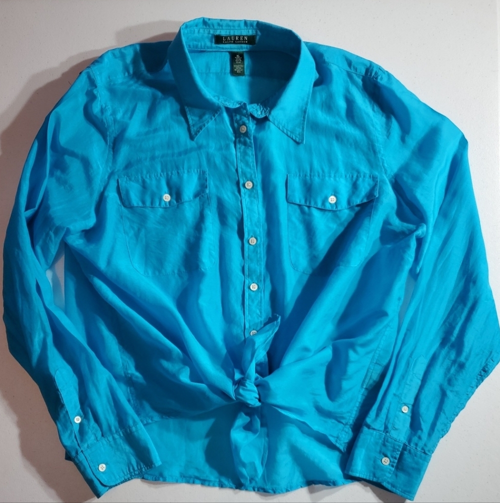 Lauren Ralph Lauren Shimmery Blue Silk Blend Button-Up Front Tie Shirt
